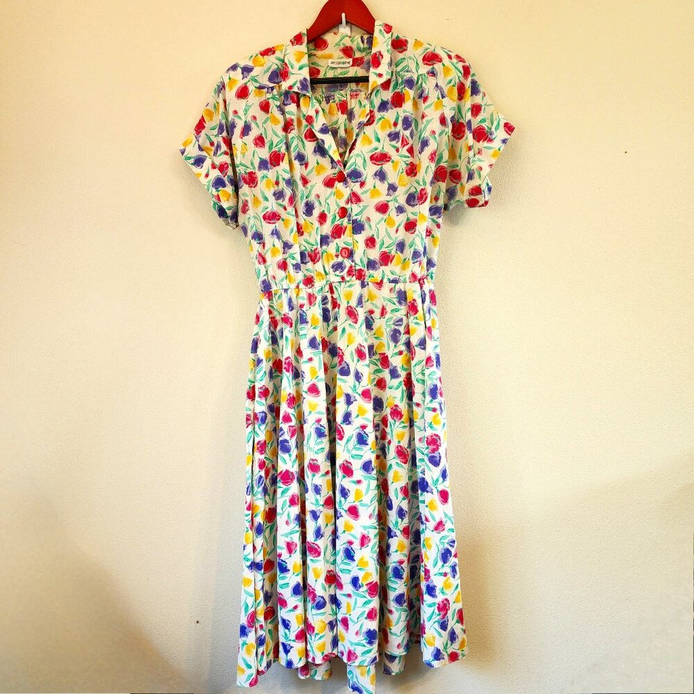 Vtg 70's Fit Flare Midi Shirt Dress Floral Colorful Collar Women M Retrolook